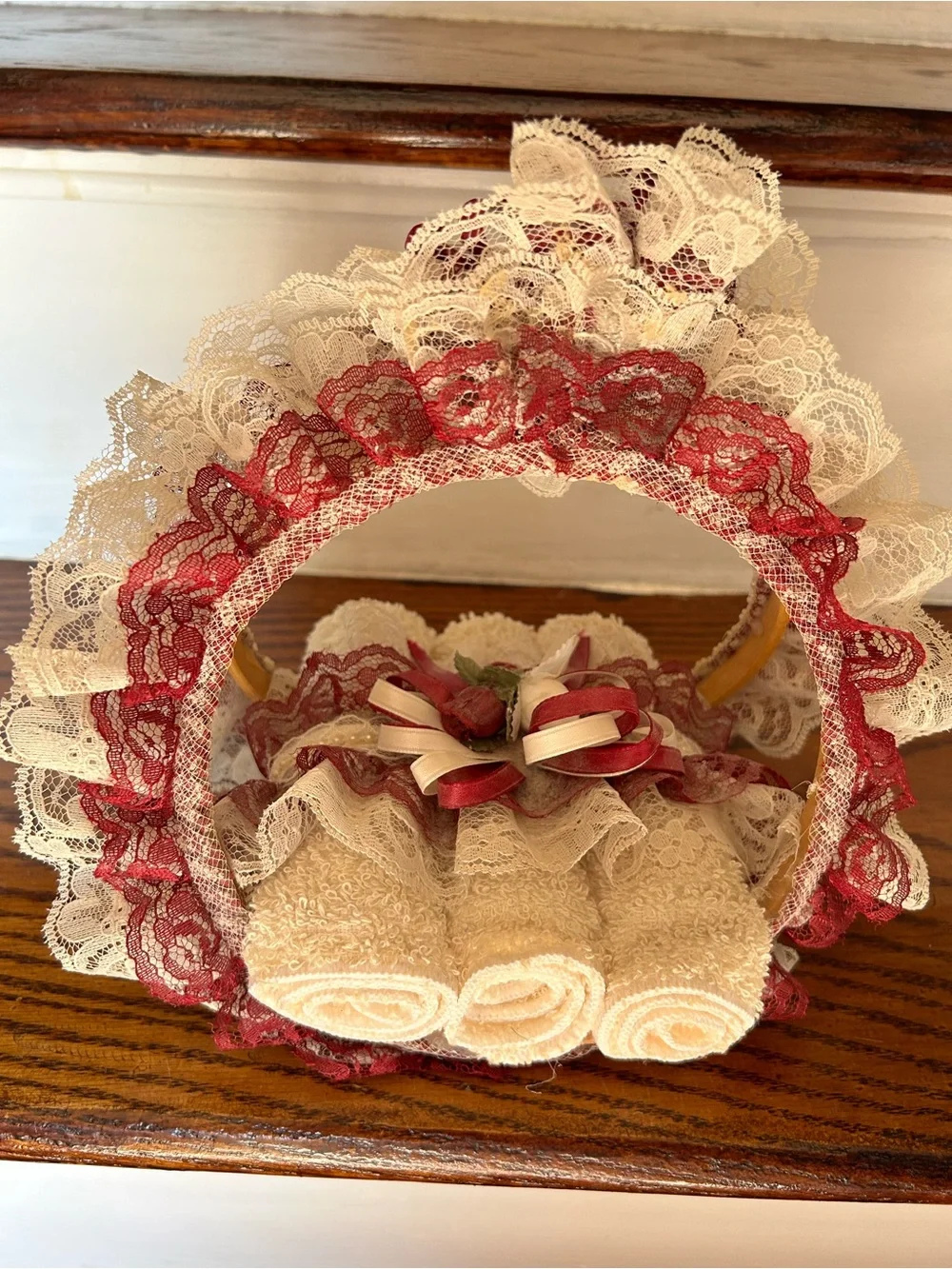Cottage Core Lace Ribbon Decorative Basket with Rolled Towels - Cream & Burgundy